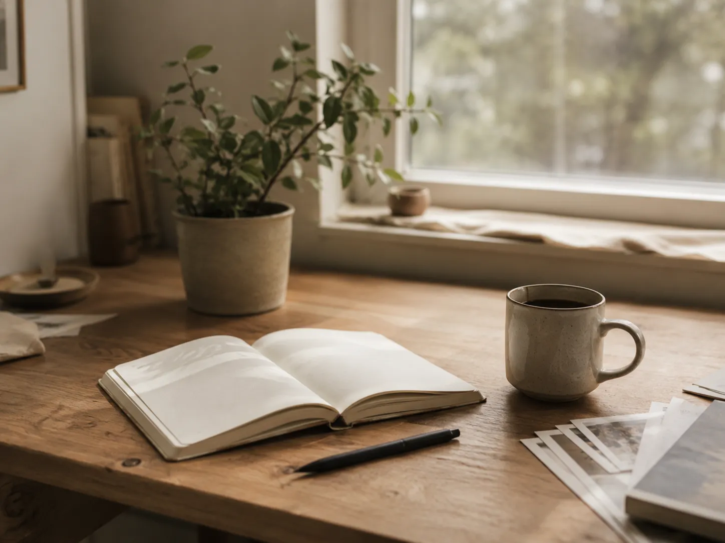 Birou liniștit cu un caiet deschis, o cană de cafea și o plantă