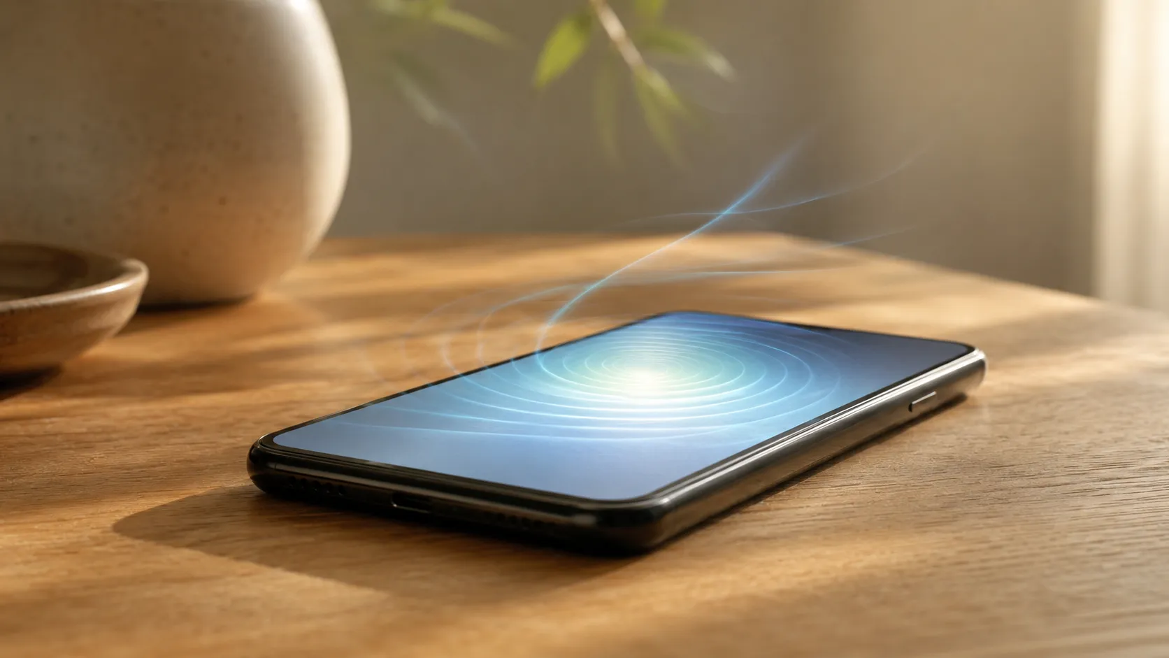 Telefon pe o suprafață de lemn, în lumină caldă, cu o ușoară strălucire pe ecran