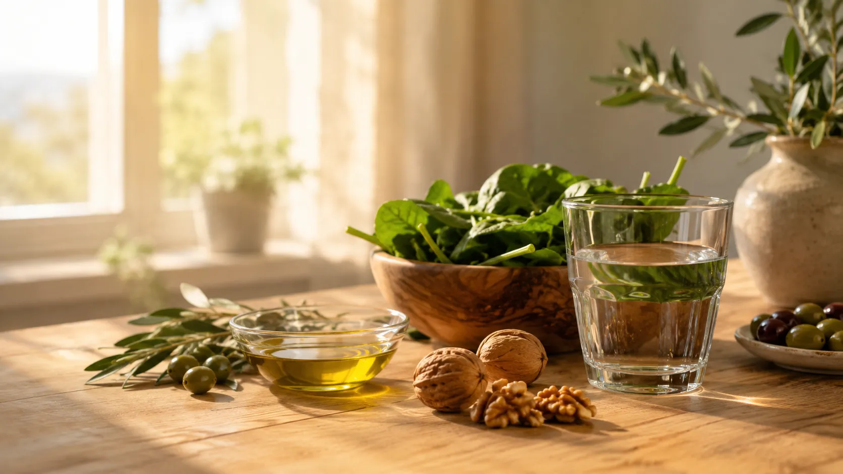 Masă luminoasă cu alimente specifice dietei mediteraneene — ulei de măsline, nuci și legume proaspete